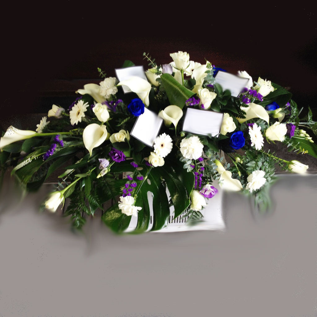 Cream Blue Purple Funeral Spray - Alan Brown Flowers